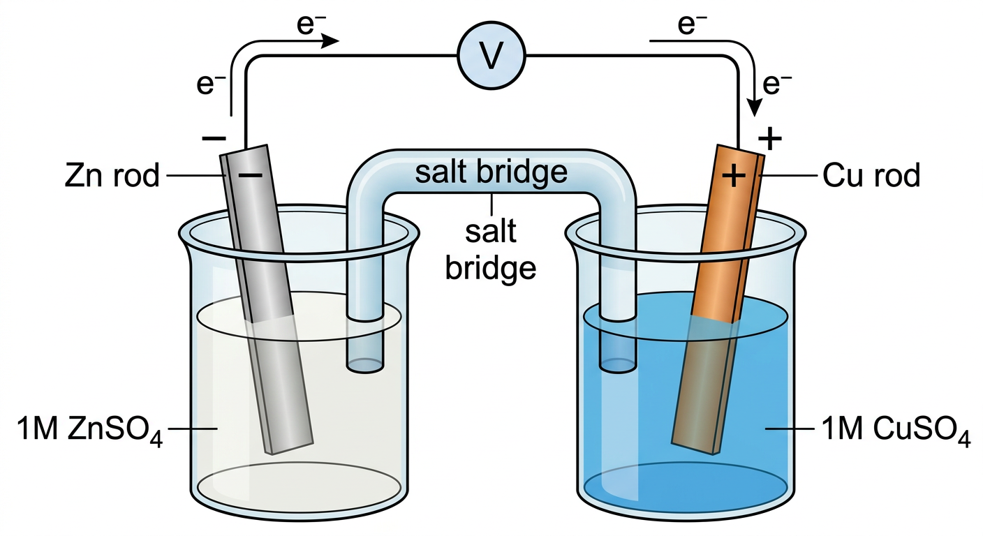 Daniel cell diagram showing zinc rod in ZnSO4, copper rod in CuSO4, connected by a voltmeter and salt bridge.