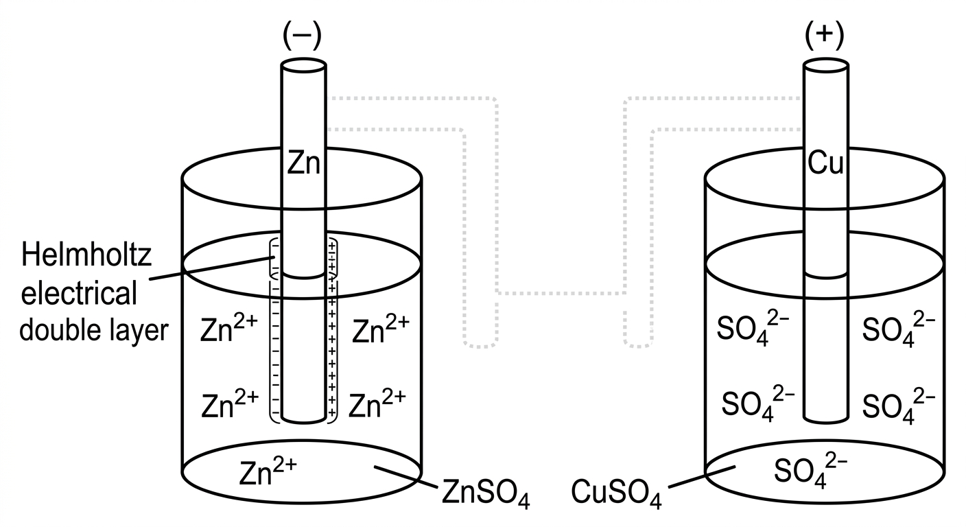 Diagram showing single electrode potentials for Zinc and Copper half-cells with Helmholtz electrical double layer
