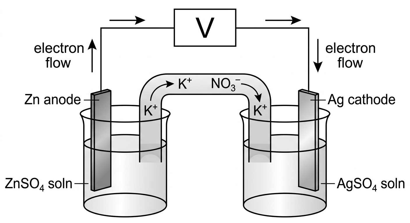 Daniel cell sketch with Zn anode and Ag cathode