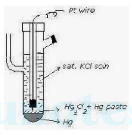 Diagram of a saturated calomel electrode showing glass tube, Pt wire, sat. KCl soln, Hg2Cl2 + Hg paste, and Hg layer.