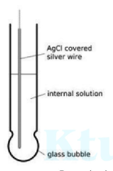 Diagram of a glass electrode showing internal silver wire, AgCl coating, internal solution, and glass bubble.