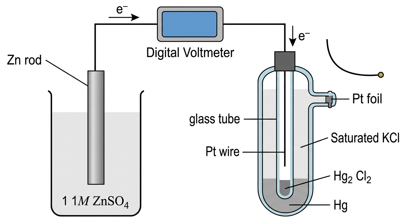 Experimental setup for determining the electrode potential of a Zn electrode using a Saturated Calomel Electrode (SCE)