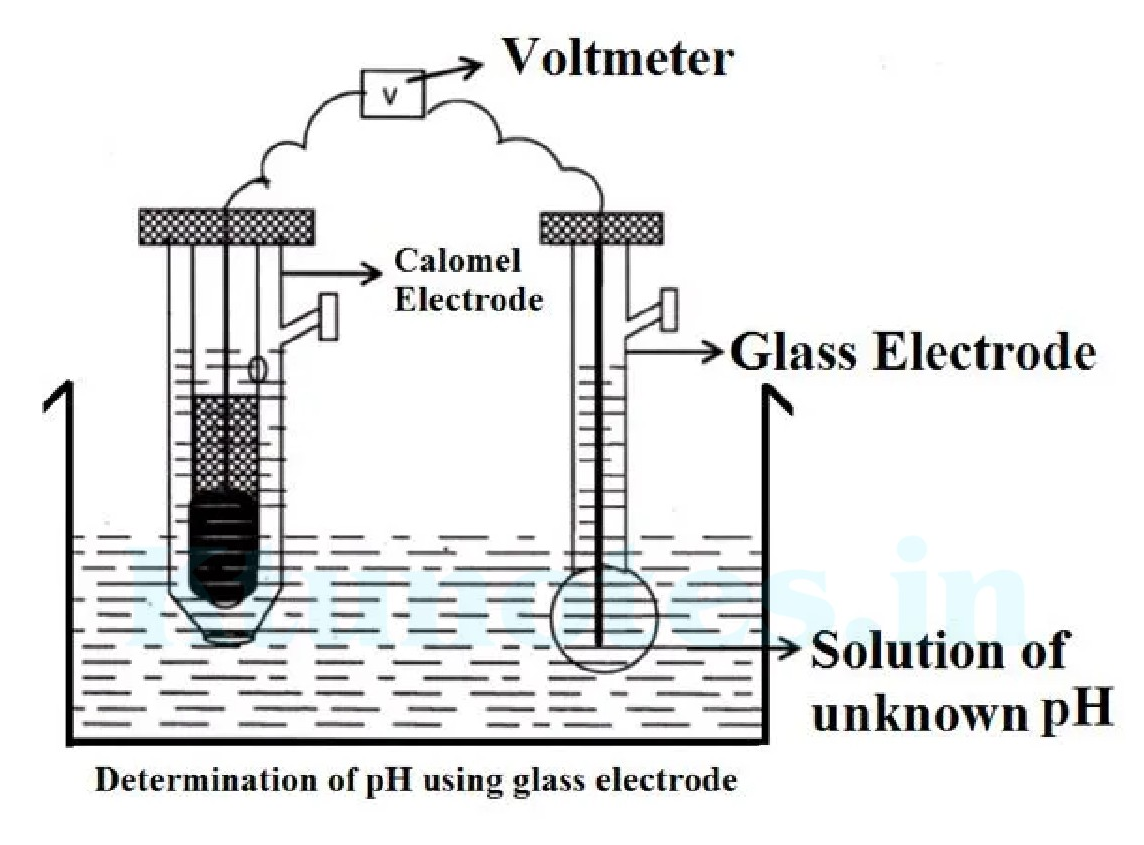 Experimental setup for determination of pH using glass electrode connected to a voltmeter, with a Calomel electrode and a glass electrode immersed in a solution of unknown pH.