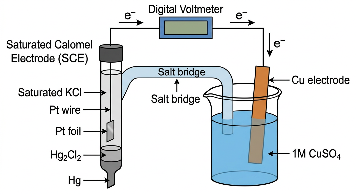 Diagram showing the experimental setup for the determination of electrode potential of copper using SCE