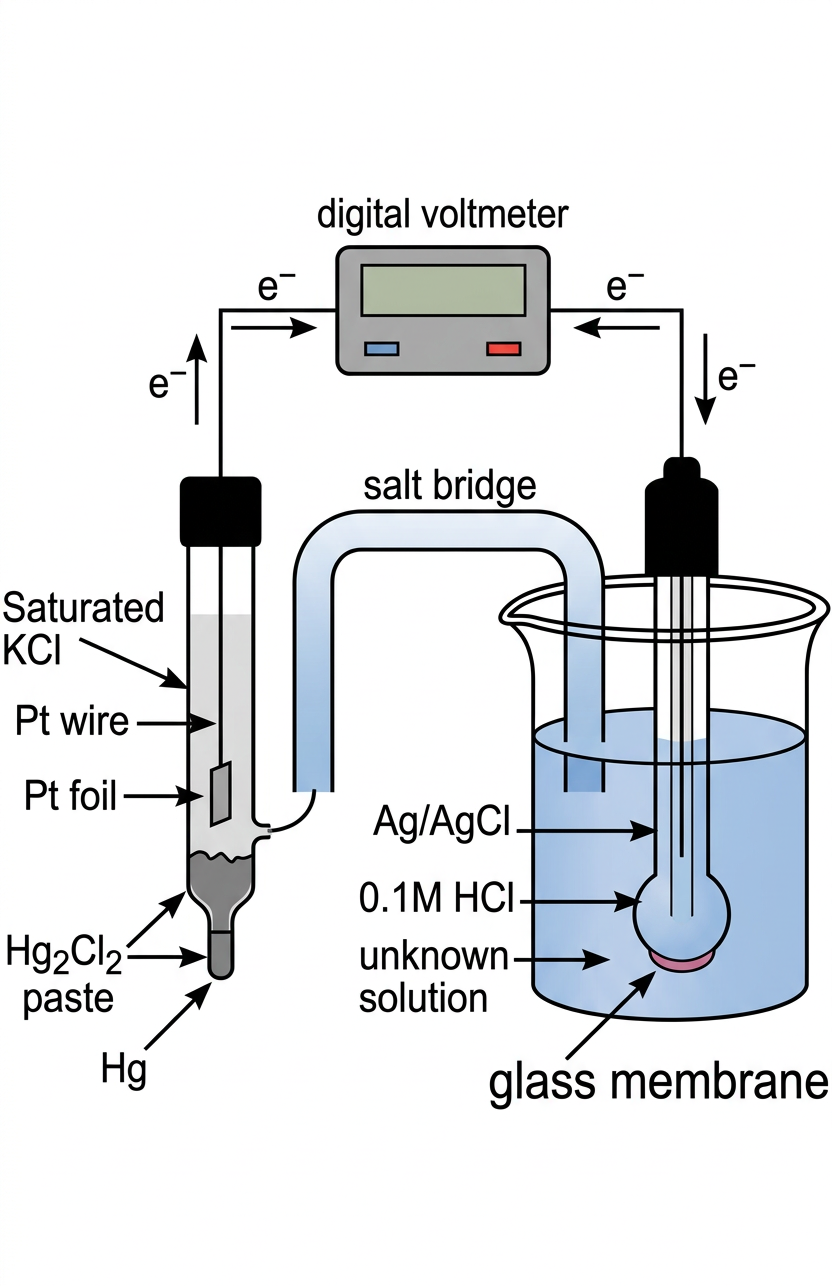 Experimental setup for determination of pH using a glass electrode and a saturated calomel electrode (SCE).