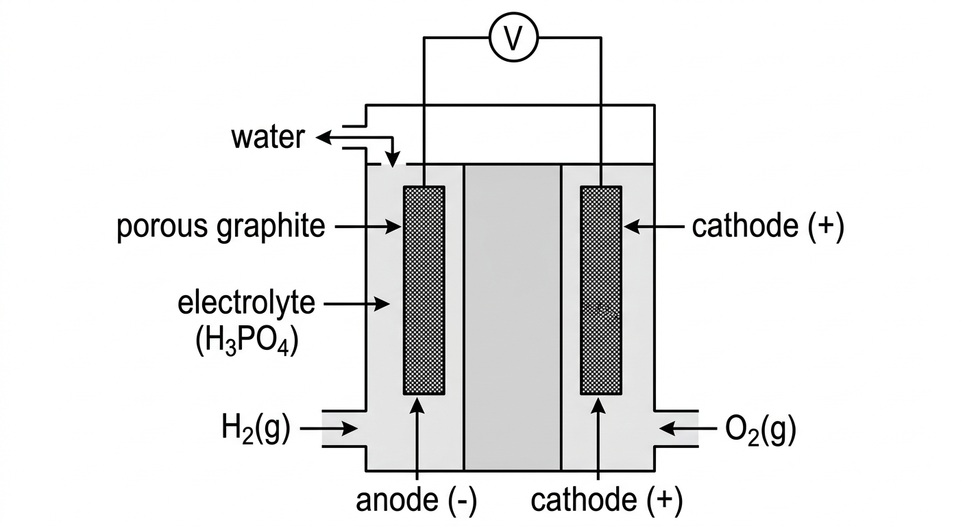 Diagram of H2-O2 Fuel Cell showing porous graphite electrodes, electrolyte, water outlet, and gas inlets.