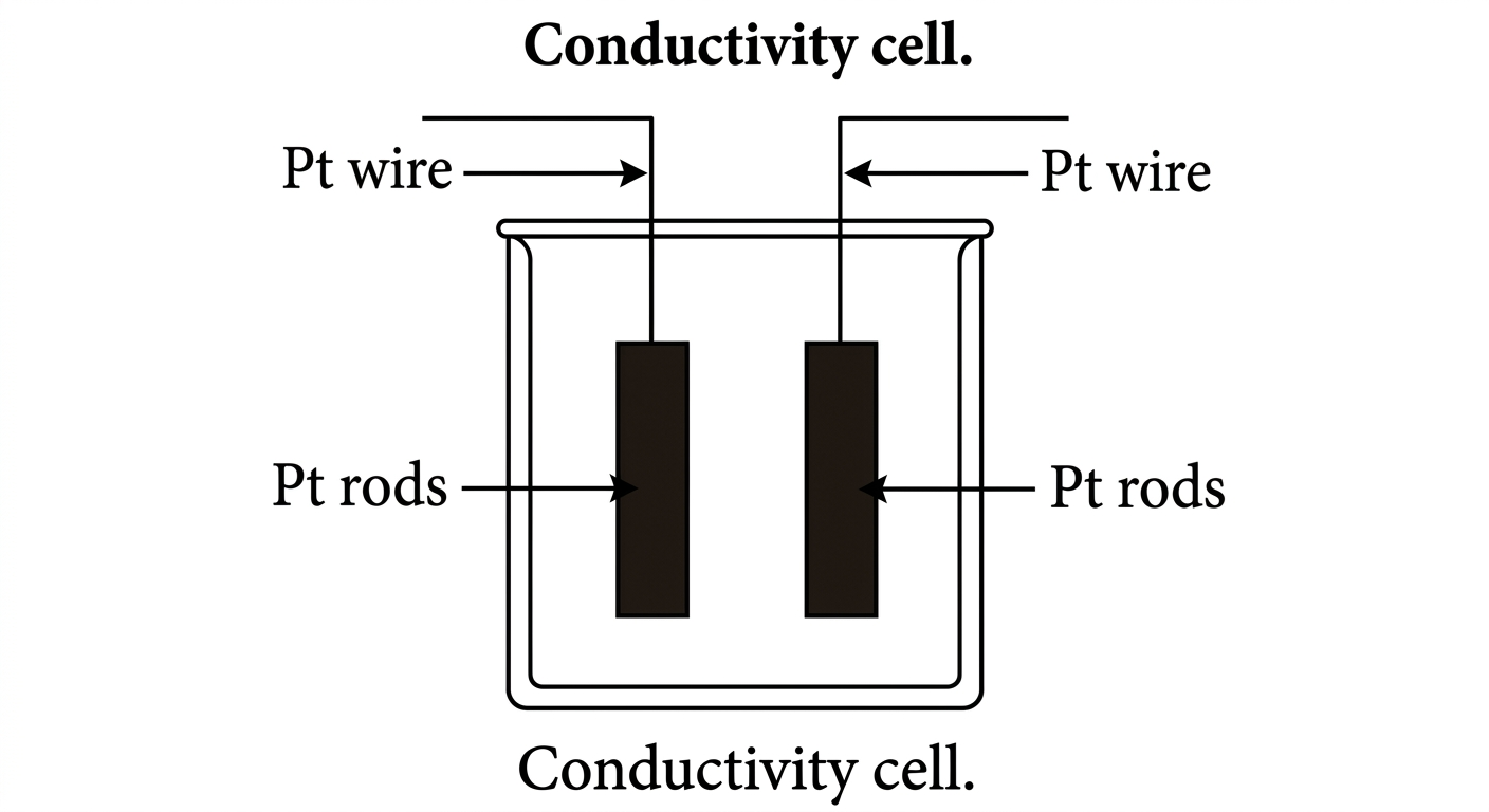 Diagram of a conductivity cell showing a glass tube with two platinum rods (electrodes) connected to platinum wires.