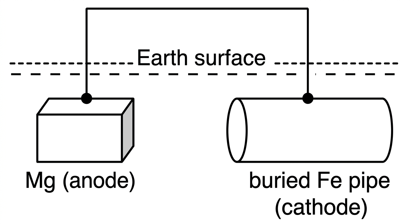 Diagram of sacrificial anodic protection showing a buried Fe pipe connected to a Mg anode.
