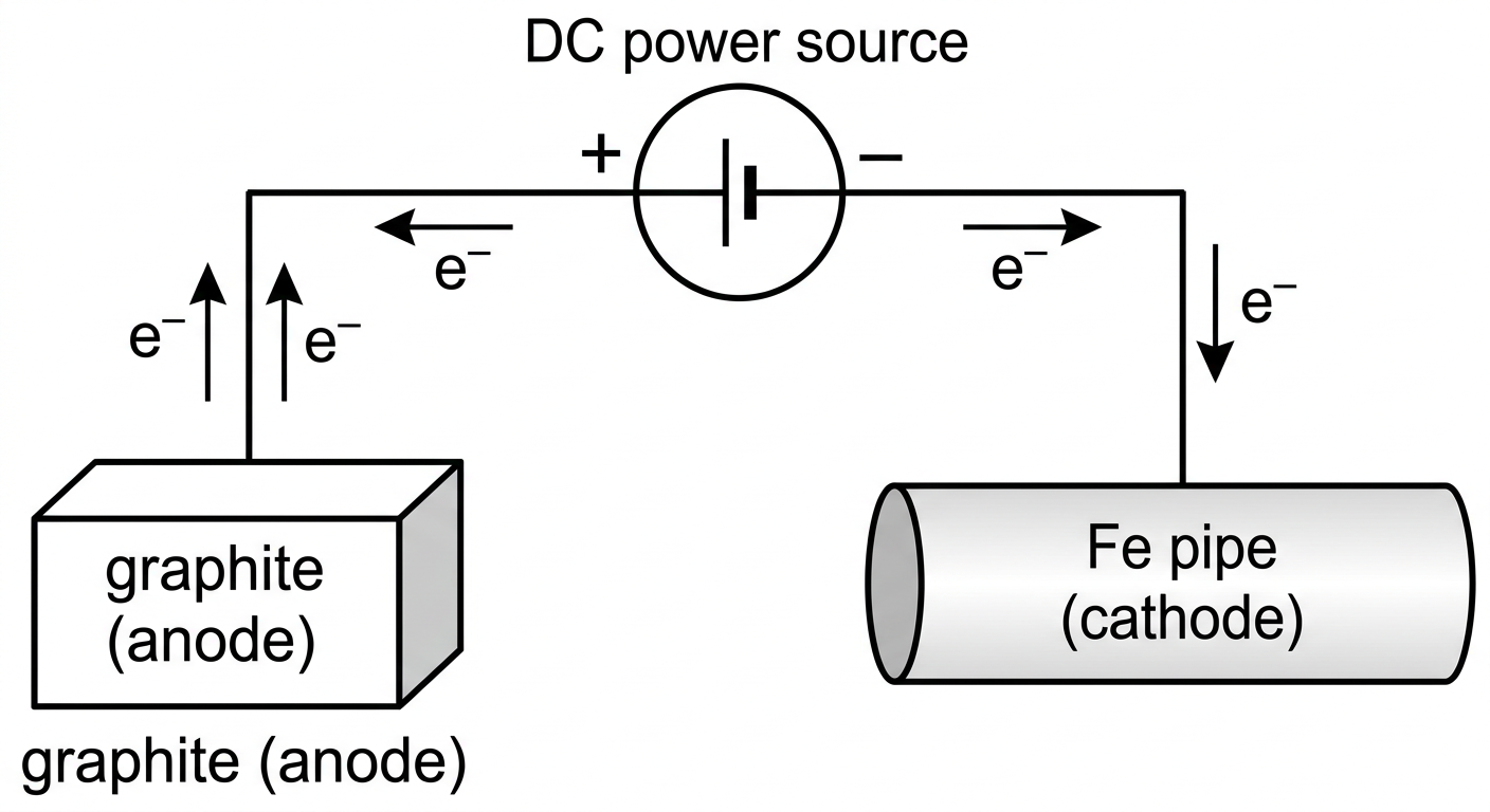 Diagram of impressed current cathodic protection showing a DC power source connected to a graphite anode and a Fe pipe cathode.