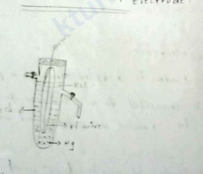 Diagram of a saturated calomel electrode showing mercury, platinum wire, KCl solution, and outer glass jacket with side arms.