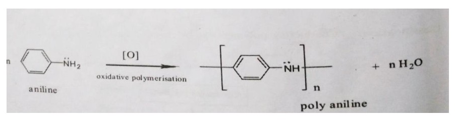 Chemical reaction showing the oxidative polymerization of aniline to polyaniline