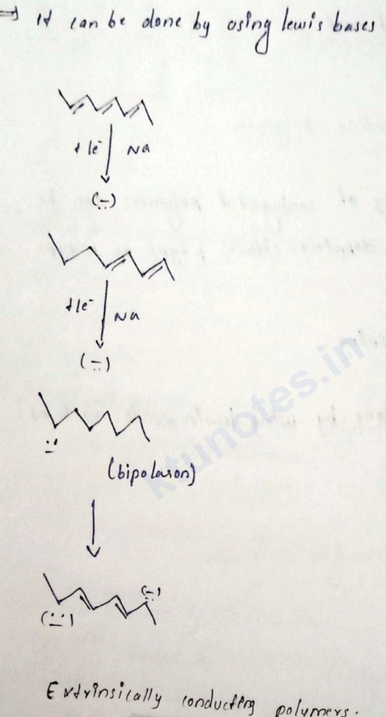 Chemical reaction scheme for N-type doping showing progressive reduction of a polymer chain via radical anions to a bipolaron structure.