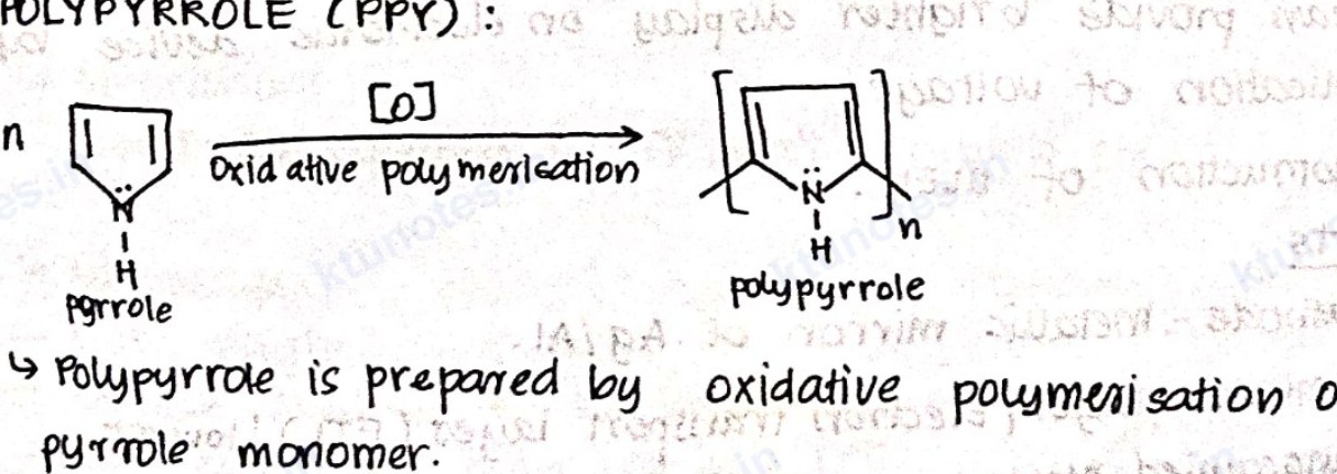Chemical reaction showing oxidative polymerization of pyrrole to form polypyrrole