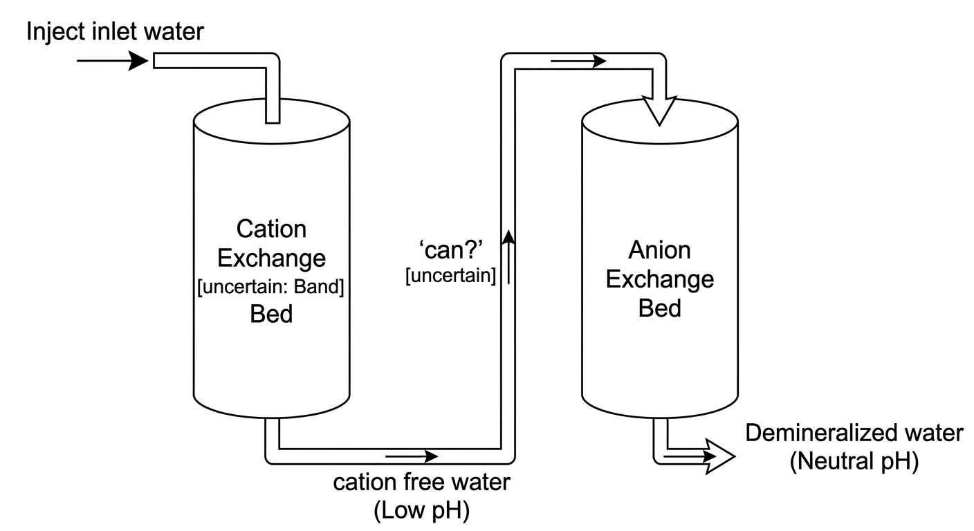 Schematic diagram of an ion exchange process featuring a Cation Exchange Bed and an Anion Exchange Bed