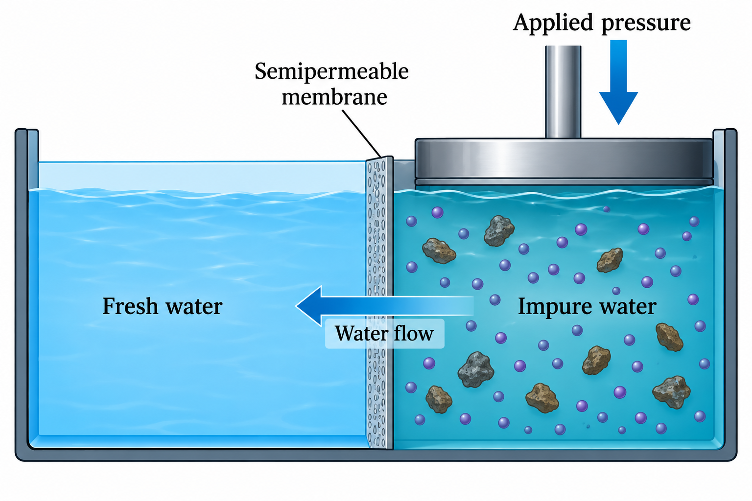 Diagram showing Reverse Osmosis with a piston applying pressure to force water through a semi-permeable membrane.