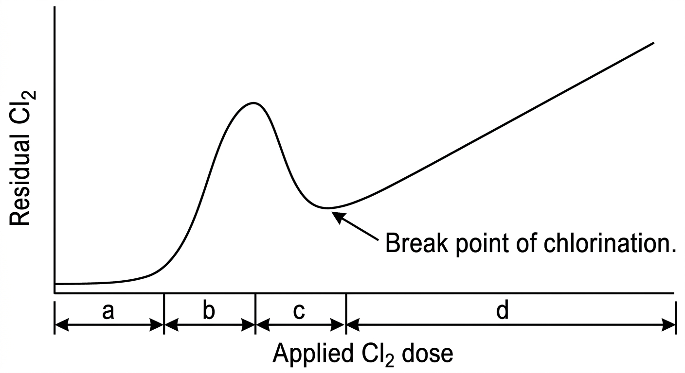 Graph of Break point chlorination showing Residual Cl2 vs Applied Cl2 dose with regions a, b, c, d.