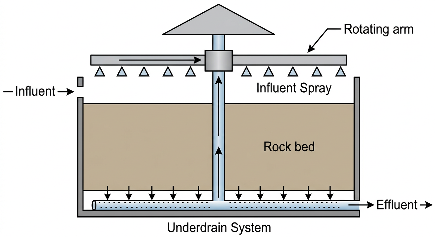 Trickling filter diagram showing influent, rotating arm, rock bed, underdrain system, and effluent.