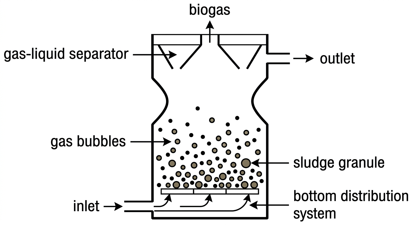 Diagram of UASB (Upflow Anaerobic Sludge Bed) process reactor