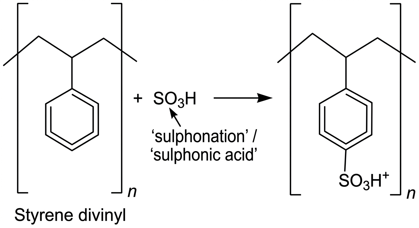 Sulphonation reaction of styrene-divinyl benzene copolymer with SO3H yielding a cation exchange resin with SO3H+ groups.