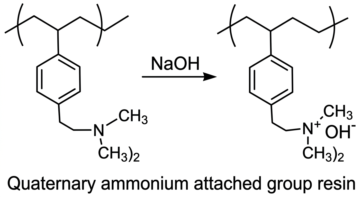 Reaction of quaternary ammonium attached resin with NaOH yielding anion exchange resin.