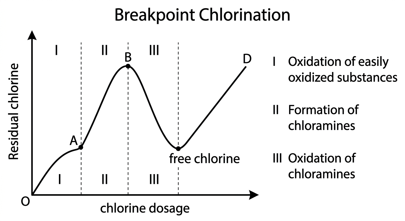 Graph showing Breakpoint Chlorination with Residual Chlorine on y-axis versus Chlorine Dosage on x-axis, divided into regions I, II, III, and free chlorine.