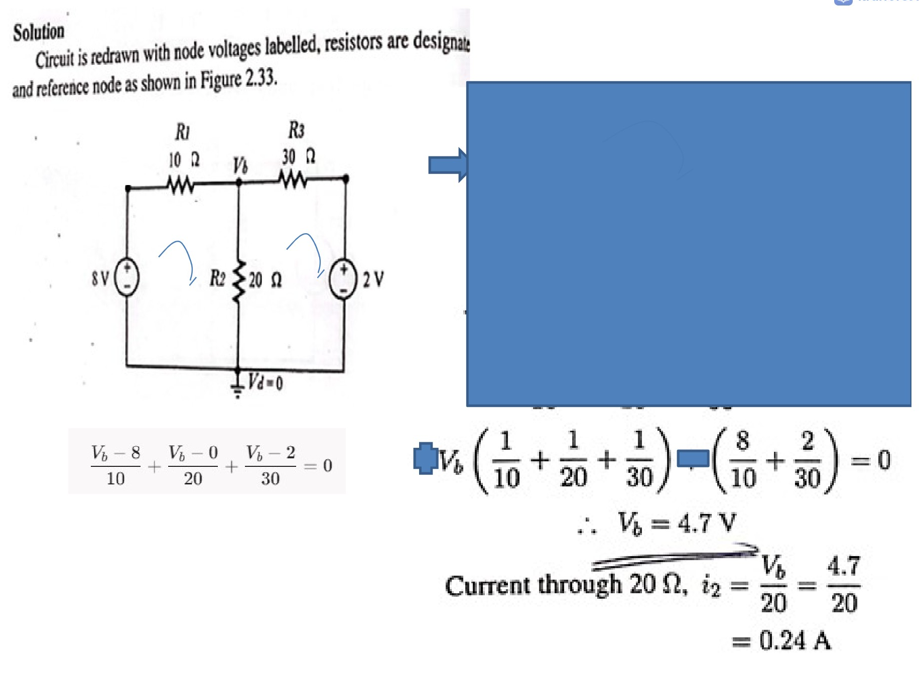 Electrical circuit diagram with a node voltage V_b and reference node V_d = 0