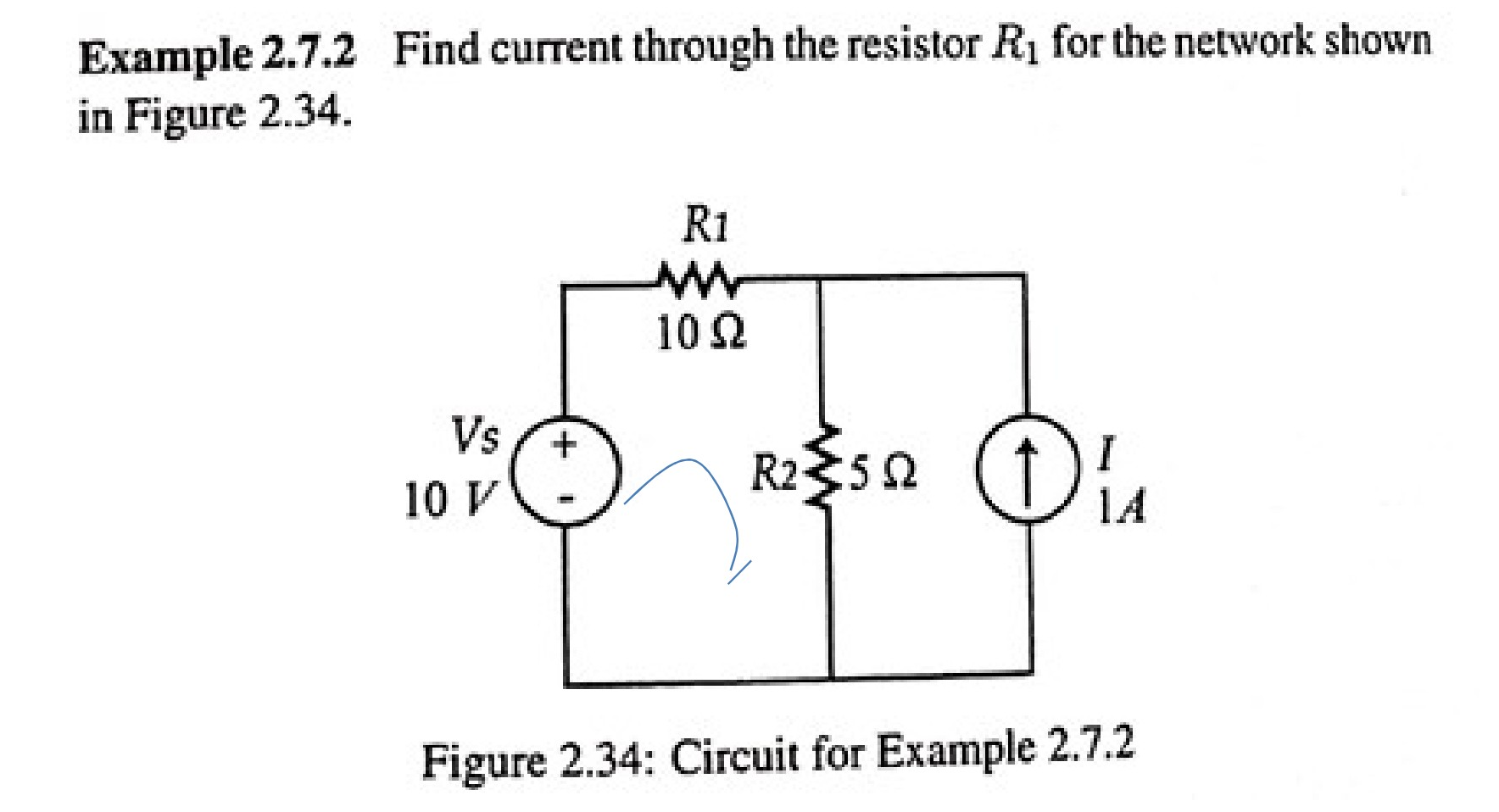 Circuit diagram with a voltage source, a current source, and two resistors