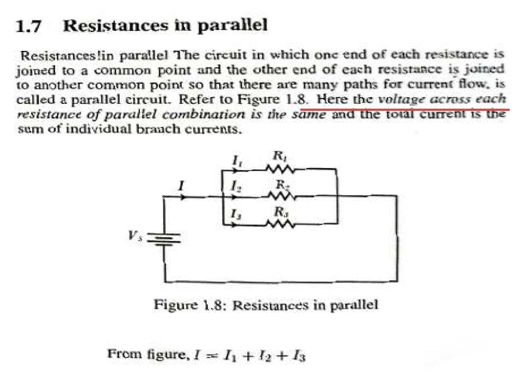 Circuit diagram showing three resistors in parallel connected to a voltage source