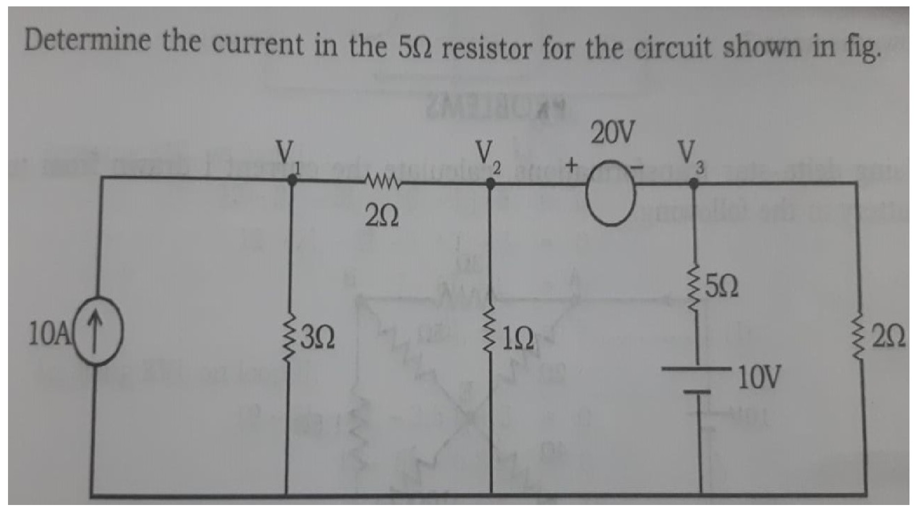 Circuit diagram with nodes V1, V2, V3, a 10A current source, a 20V independent voltage source, and resistors of 2Ω, 3Ω, 1Ω, 5Ω, and 2Ω.
