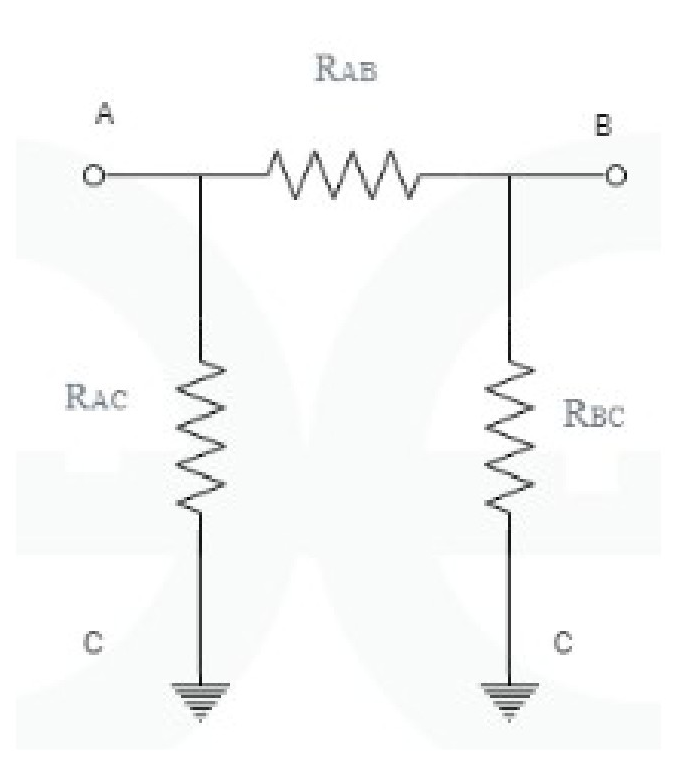 T-network circuit diagram with resistors R_AB, R_AC, R_BC and terminals A, B, C