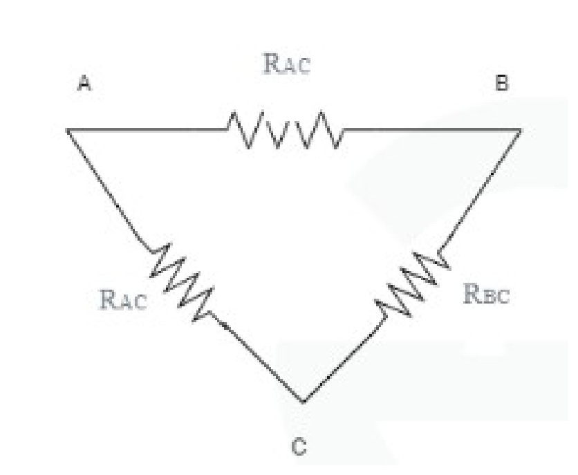 Delta network circuit diagram with resistors R_AC, R_BC, R_AB and terminals A, B, C forming a triangle