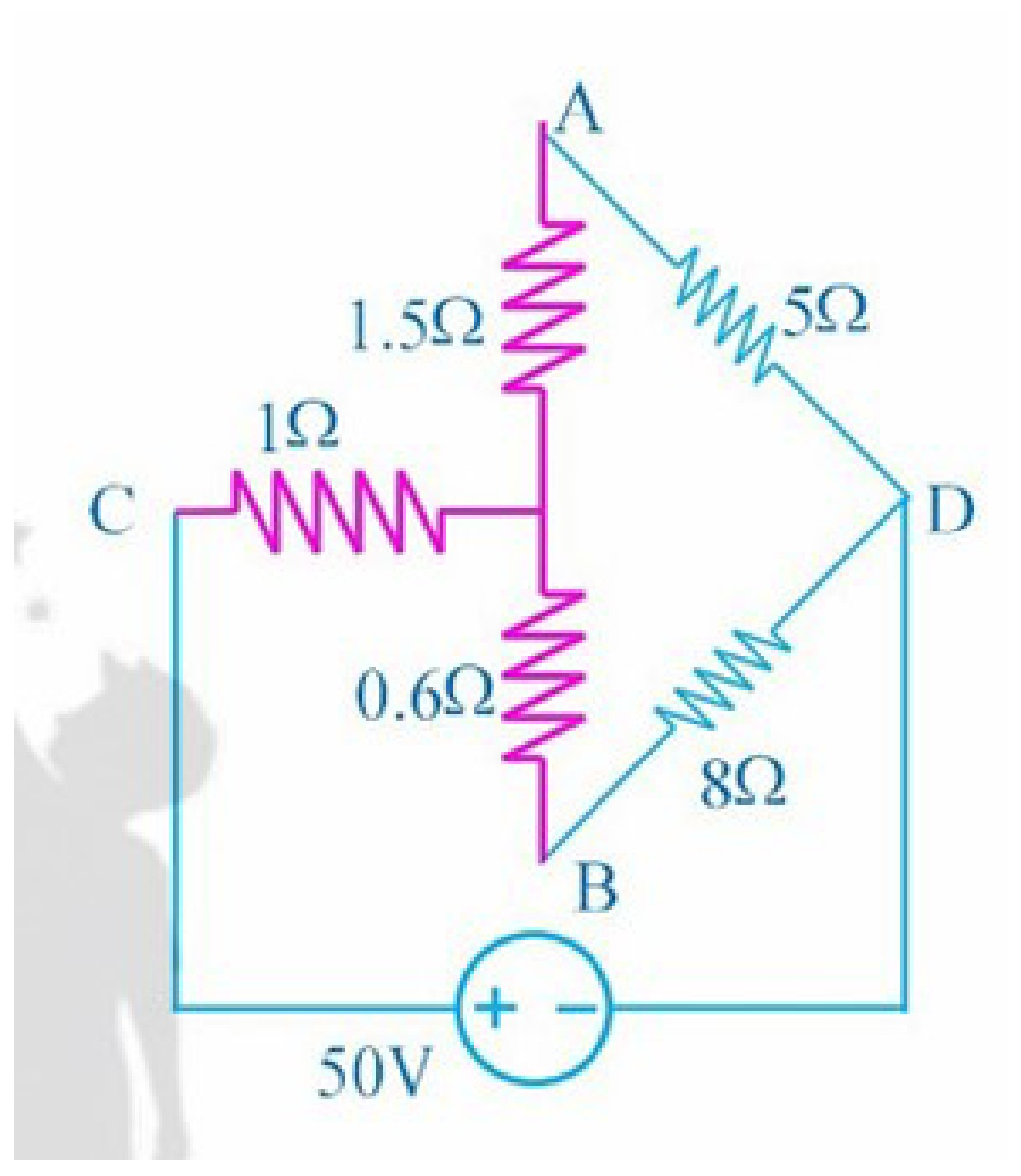 Electrical bridge circuit diagram with resistors and a DC voltage source