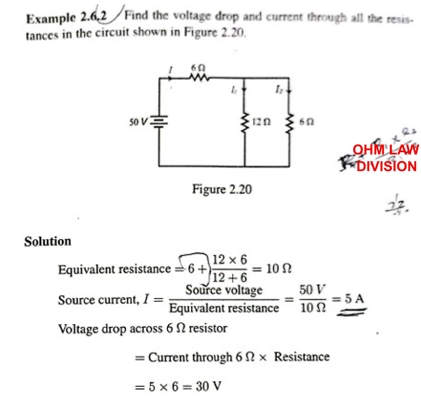 Circuit diagram with a 50V DC source, a 6 ohm series resistor, and two parallel branches with 12 ohm and 6 ohm resistors.