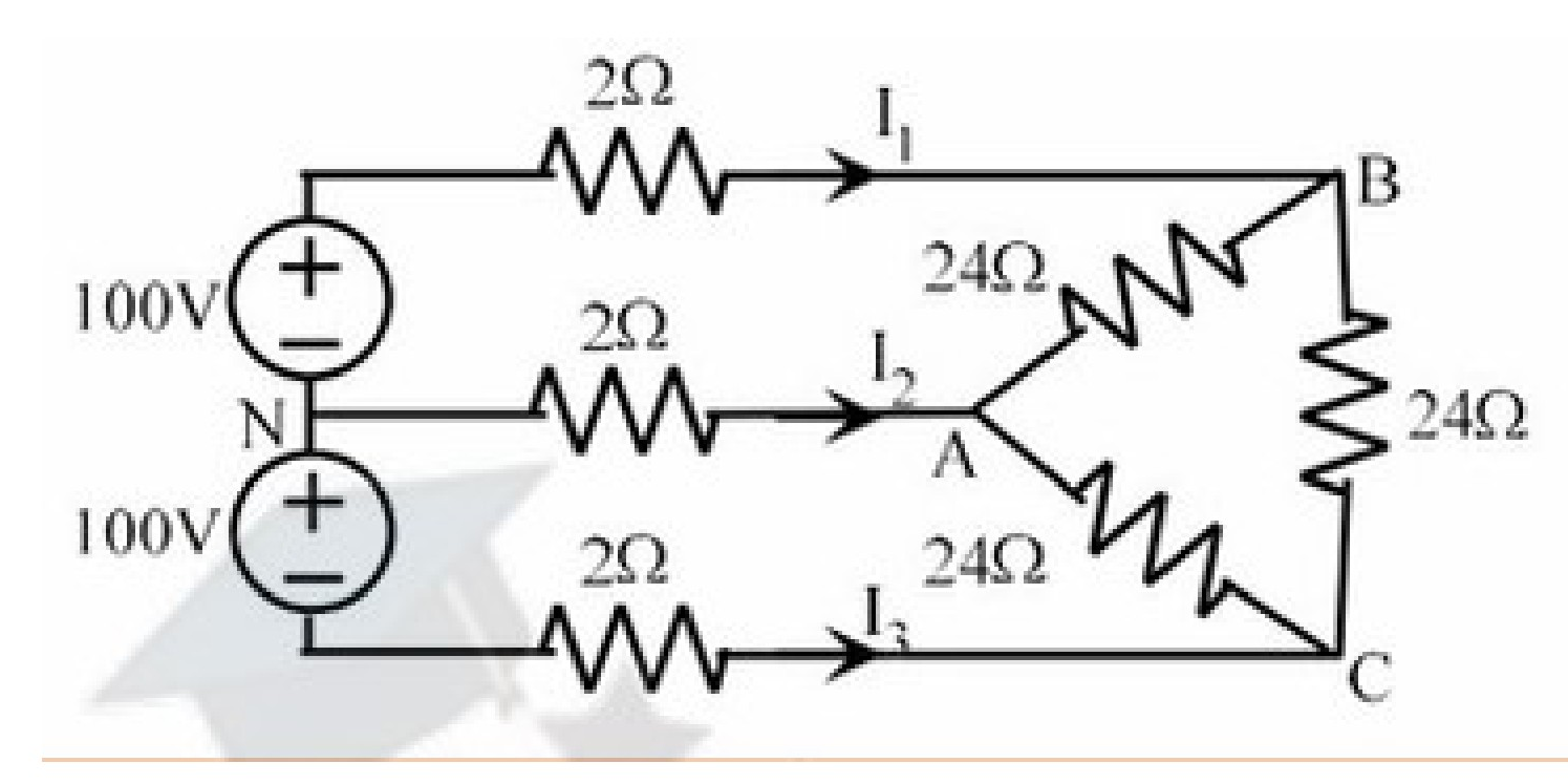 Electrical circuit diagram with three voltage sources, three series resistors, and a star-connected load network.