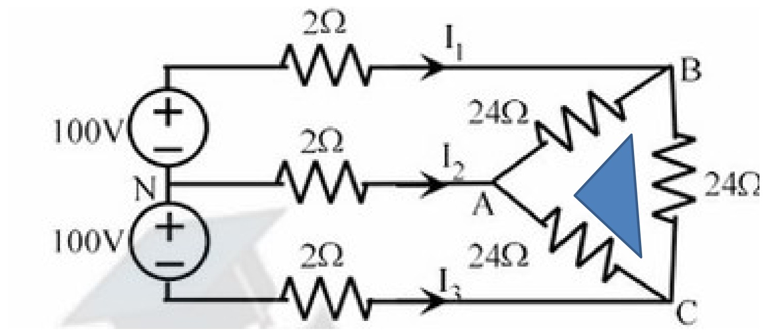 An electrical circuit diagram with two 100V DC sources, three line resistors of 2Γ each, current indicators I1, I2, I3, and a delta-connected load of three 24Γ resistors between nodes A, B, and C.