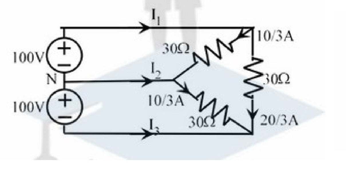 Transformed circuit diagram showing a star-connected load with 30 ohm resistors and corresponding equations for currents I1, I2, and I3.