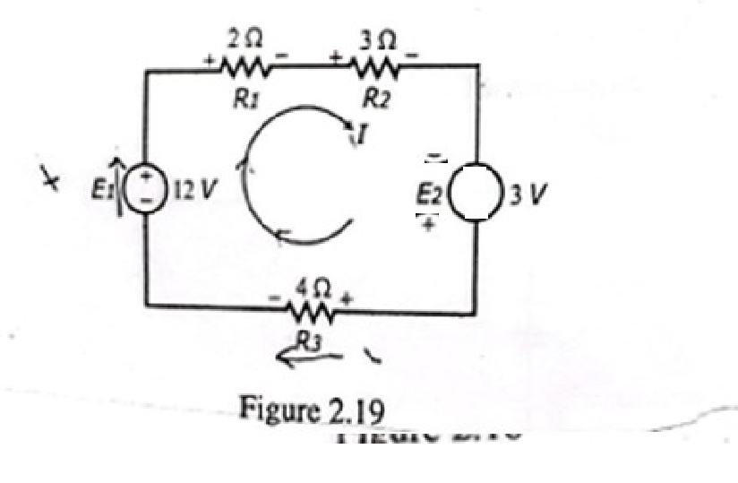 Circuit diagram for Example 2.6.1 showing assumed clockwise loop current I and voltage polarities across all components.