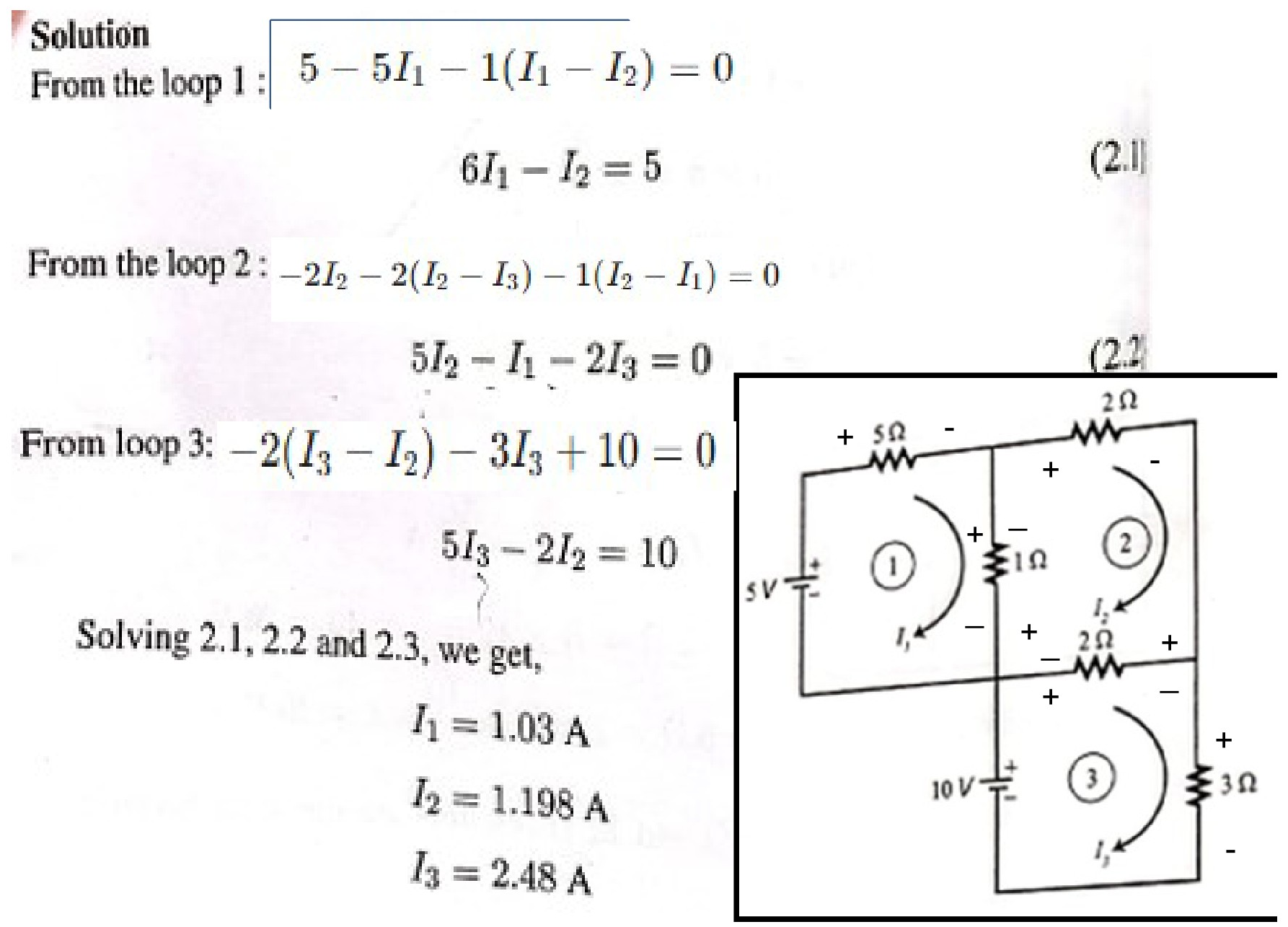 Circuit diagram with three loops and multiple resistors and voltage sources.