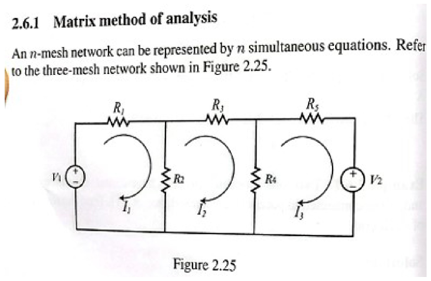Three-mesh electrical network with resistors R1, R2, R3, R4, R5, voltage sources V1, V2, and mesh currents I1, I2, I3