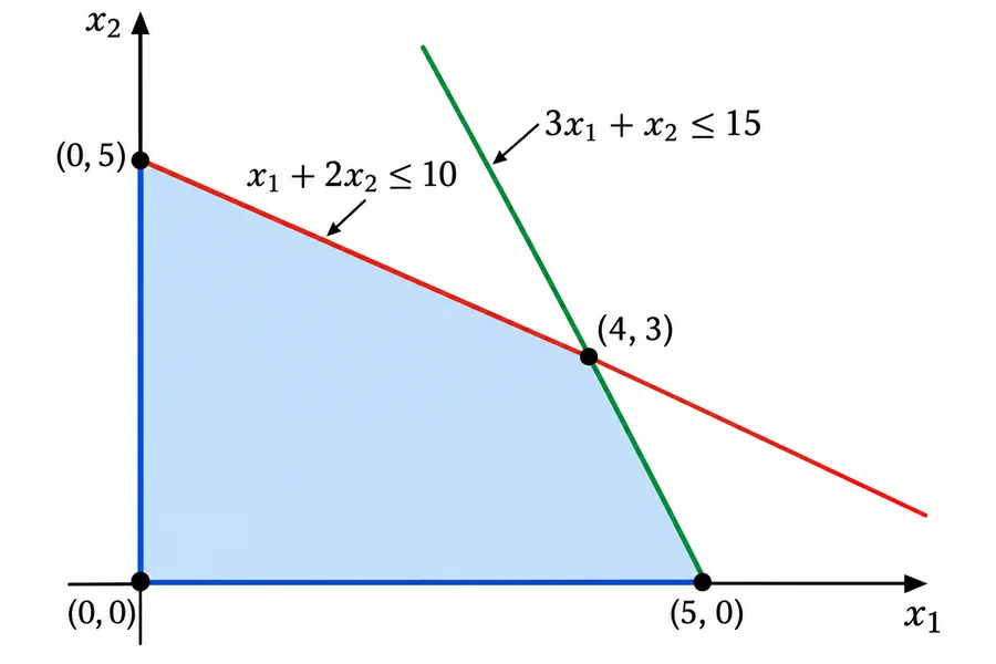 Feasible region for x + 2y ≤ 10 and 3x + y ≤ 15 with corners (0,0), (5,0), (4,3), (0,5)