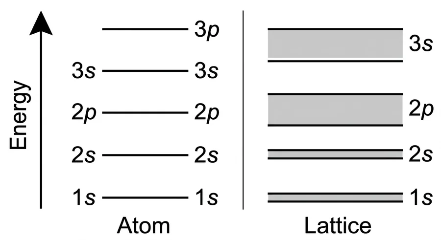 Energy levels of an isolated atom (1s, 2s, 2p, 3s, 3p) and the corresponding bands in a lattice