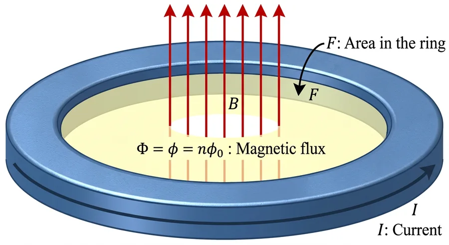 Magnetic flux through a superconducting ring, Φ = nΦ0, and the current I around the ring