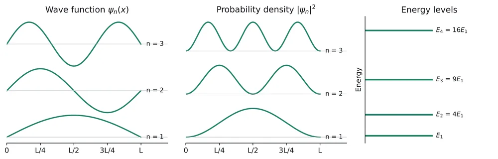 Wave functions and probability densities for n = 1, 2, 3, and the energy levels E1, 4E1, 9E1, 16E1