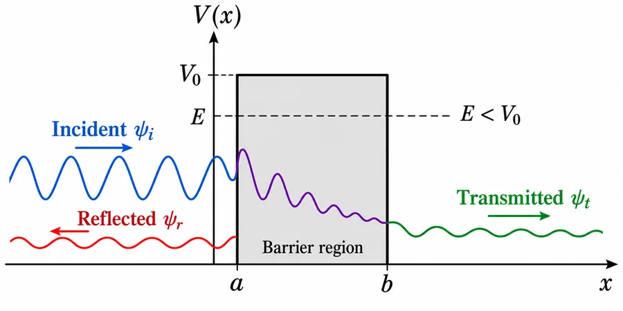 Tunnelling: the incident wave is partly reflected, decays inside the barrier and emerges as a smaller transmitted wave