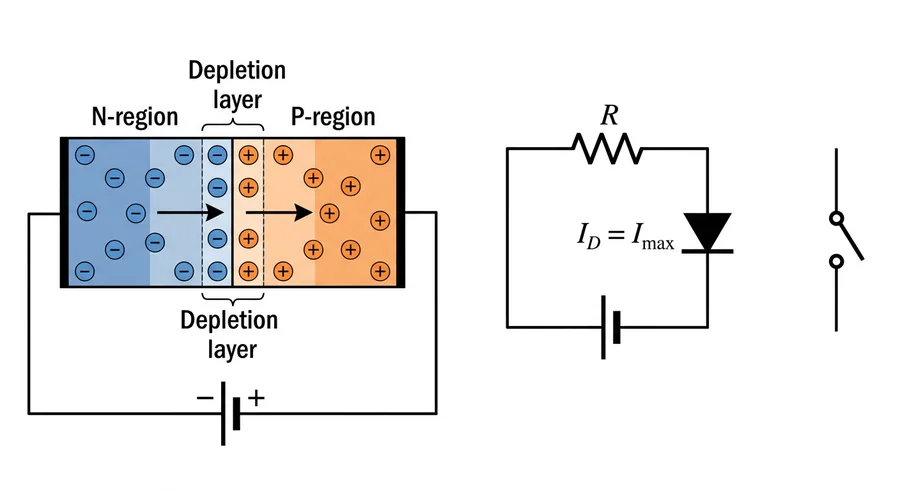 Forward-biased p-n junction with a thin depletion layer, and the equivalent circuit of a conducting diode