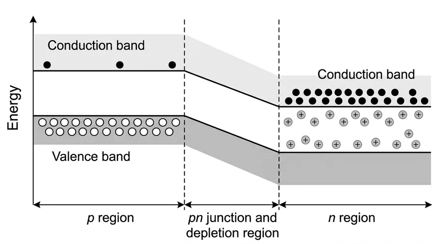 Energy band diagram of a p-n junction at equilibrium: bands bend down from the p region to the n region across the depletion region