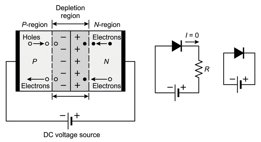 Reverse-biased p-n junction with a wide depletion layer, and the equivalent circuit of a blocking diode