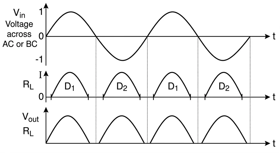 Input voltage, current through R_L with D1 and D2 conducting in alternate half cycles, and the output voltage