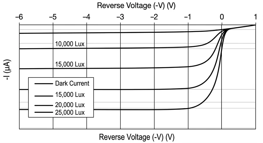 Photodiode characteristic: reverse current against reverse voltage for darkness and for 10,000 to 25,000 lux