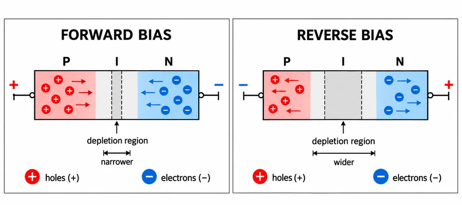 PIN diode under forward bias (narrow depletion region) and reverse bias (depletion region filling the intrinsic layer)
